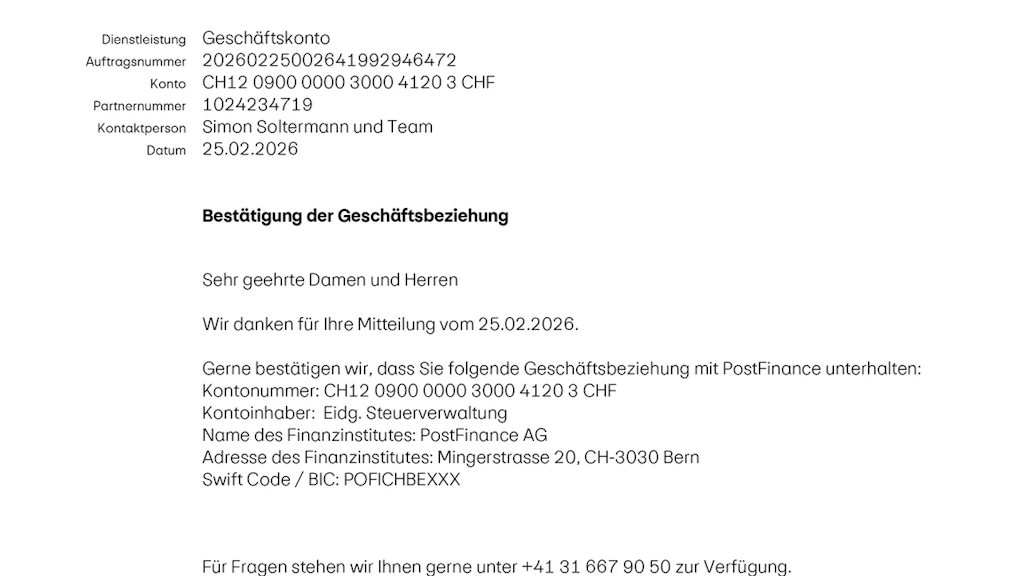 PostFinance CH12 - Bestätigung der Geschäftsbeziehung